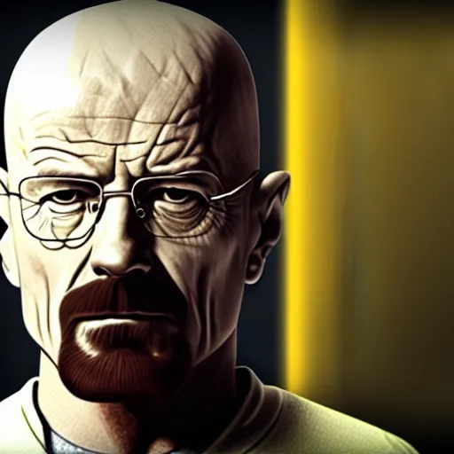 Image similar to walter white staring at camera, creepily, tight shot