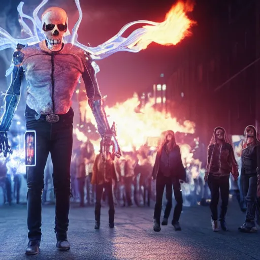 Prompt: ghost rider stands on the street in a crowd of people, nervous face, 4 k, detailed, highly detailed, cinematic, octane render, front light