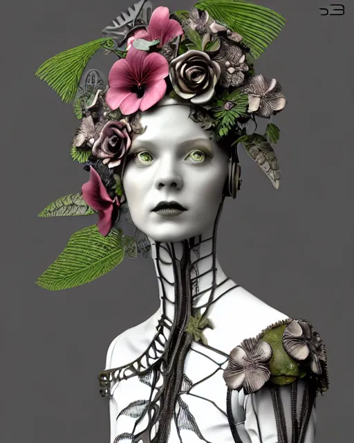 Image similar to monochrome 3 d model, 1 9 3 0 picture, floral steampunk biomechanical beautiful young female cyborg with porcelain profile face and a techno eye, volumetric light, leaves foliage and stems, hibiscus flowers, boho vines, sinuous fine roots, fine foliage lace, alexander mcqueen, rim light, big gothic fashion pearl embroidered collar, octane render, 8 k