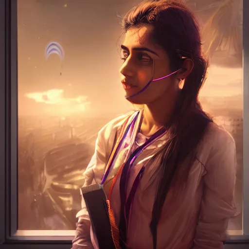 Image similar to Anxious beautiful young female Indian Doctor at Heathrow terminal, by Cedric Peyravernay, highly detailed, excellent composition, cinematic concept art, dramatic lighting, trending on ArtStation