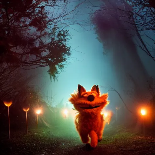 Image similar to a large druid fox muppet wearing a cloak holding a lit torch and herding a bunch of random muppet animals following behind through a dark felt forest at night, sesame street, photograph, photography, ultrarealistic, national geographic