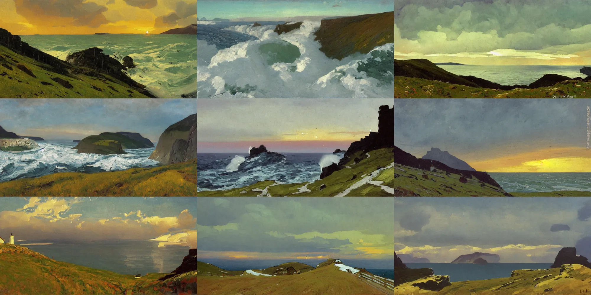 Prompt: painting in the style of Isaac Levitan, Savrasov, Arkhip Kuindzhi and Frederick Judd Waugh, T Allen Lawson and Ian Fisher and Sidney Richard Percy, sea storm and big waves under high cliffs, Alpes, norway fjords, high mountains, green yellow fields and Forests and snowy tops of mountains, road to the small village at sunset sunrise, foggy day, low clouds after rain, wet grass and stones, dream heavenly cloudy sky, horzon, hurricane stromy clouds, volumetric lighting, very beautiful scenery, pastel colors, ultra view angle view