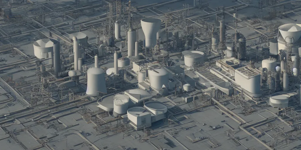 Image similar to aerial view of a stylized combined cycle powerplant, masterpiece, blizzard pixar maya engine global illumination lighting artstation in the style of frank lloyd wright