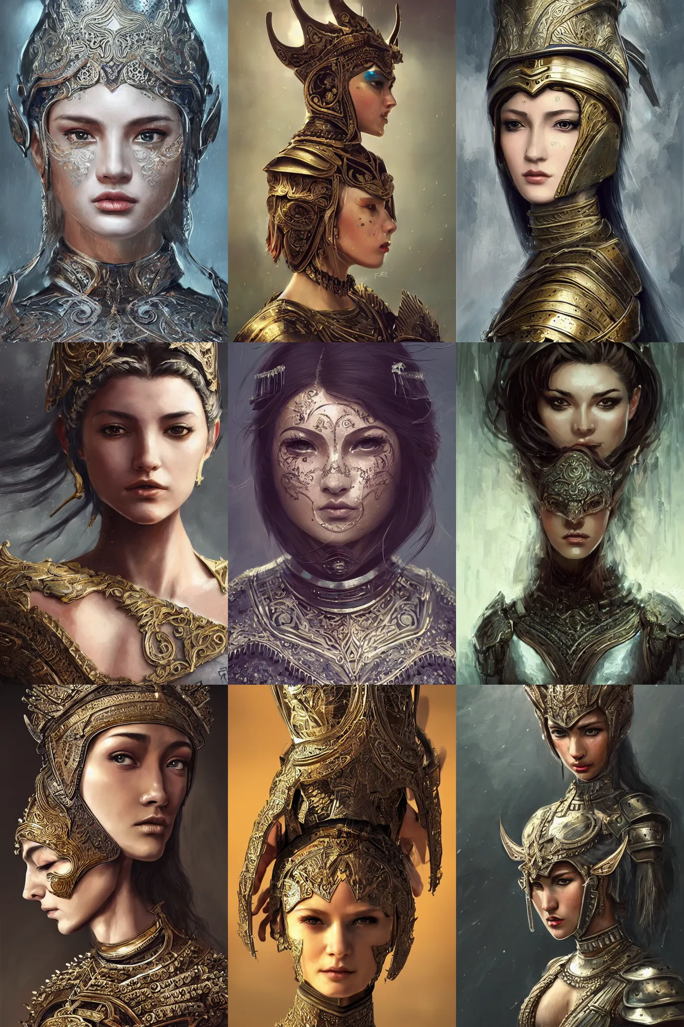 Prompt: female warrior, lovely delicate face, beautiful woman, close - up shots of faces, oil painting, intricate armour costumes, light and shadow effects, intricate, digital painting, art station, concept art, cold tones, sharp focus, morandi color scheme, sharply shaped, illustration, 4 k wallpaper, masterpiece, gorgeous, art by reiq, art byilya kuvshinov
