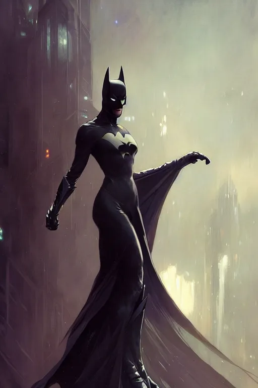 Image similar to elegant batman gown profile picture by greg rutkowski, dynamic pose, intricate, futuristic, fantasy, elegant, by stanley artgerm lau, greg rutkowski, thomas kindkade, alphonse mucha, loish, mugler, norman rockwell,