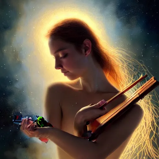 Image similar to a high quality life like portrait of a very very beautiful! celestial goddess of life playing a mystical violin and springing life into the universe, highly detailed, cinematic lighting, intricate, sharp focus, fantasy, mystical, dreamlike, exotic, realistic, by WLOP and greg rutkowski, trending on artstation