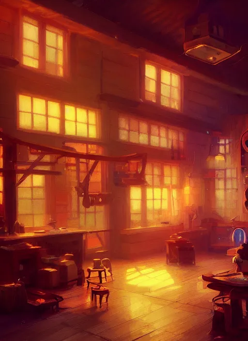 Image similar to beautiful interior of a cozy woodworker shop, james gilleard, delphin enjolras, goro fujita, makoto shinkai, paul lehr, exquisite lighting, octane render, very coherent, trending on artstation