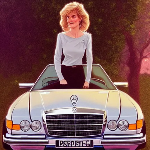 Image similar to Princess Diana standing next to a Mercedes-Benz W140, highly detailed, digital painting, artstation, concept art, smooth, sharp focus, illustration, art by artgerm and alphonse mucha, high definition digital art, in the style of Ross tran and ilya kuvshinov