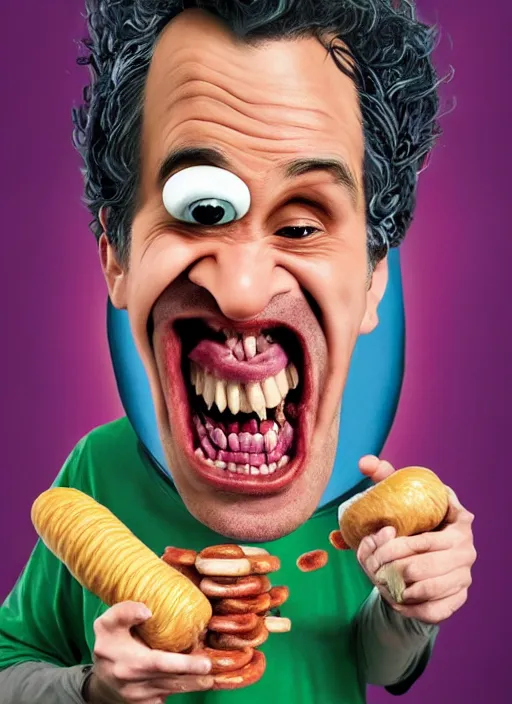 Prompt: hyperrealistic mark ruffalo caricature screaming on a dartboard surrounded by big fat frankfurter sausages with a trippy surrealist mark ruffalo screaming portrait on spitting image by Junji Ito and aardman animation, mark ruffalo caricature dartboard with hot dogs, mascot, target reticles, dart board