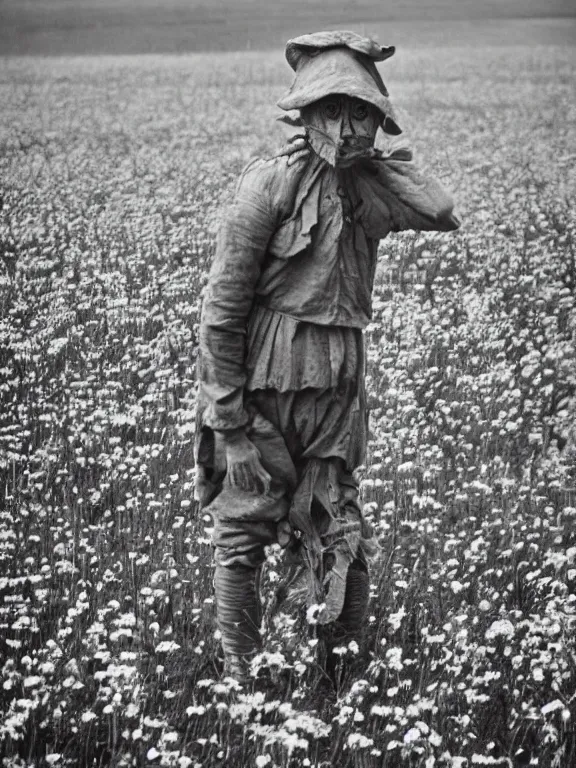 Image similar to human-like scarecrow wearing torn military clothes in beautiful meadow of flowers, ww1 photo, grainy, high detail, high resolution,