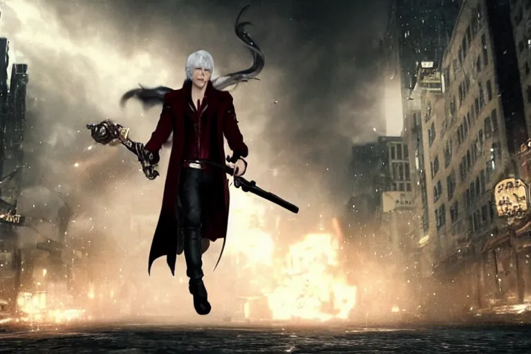 Image similar to vfx movie suave vampire with long white hair, trench coat, dual wielding large revolvers, ascending into the air in a shattered reality of new york city, devil may cry, by emmanuel lubezki