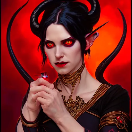 Image similar to Portrait of jovial female tiefling sorceress, D&D, red eyes, face, short black hair, fantasy, intricate, elegant, highly detailed, digital painting, artstation, concept art, smooth, sharp focus, illustration, art by artgerm and greg rutkowski and alphonse mucha