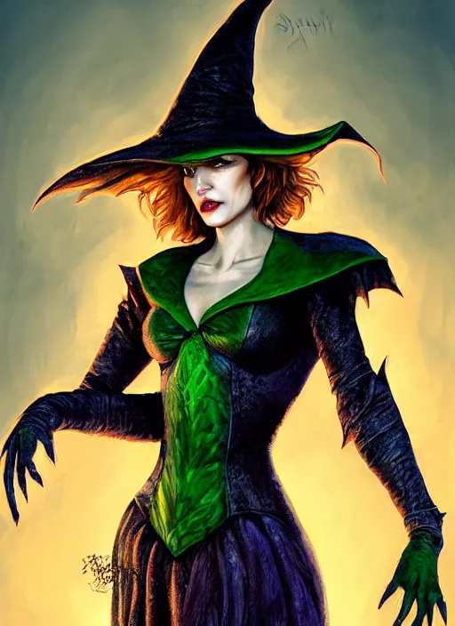 Prompt: beautiful female wicked witch, milla jovovich as the wicked witch of the west, full body character concept, armor, super powers, fantasy, intricate, elegant, highly detailed, digital painting, artstation, concept art, shining, sharp focus, illustration, art by stanley lau