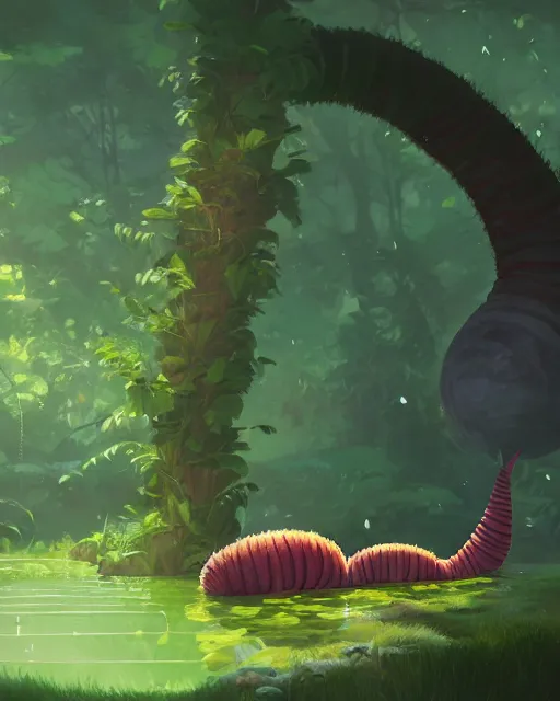 Prompt: a giant hairy caterpillar taking a bath in a spring with lush vegetation around, cory loftis, james gilleard, atey ghailan, makoto shinkai, goro fujita, character art, rim light, exquisite lighting, clear focus, very coherent, plain background, soft painting