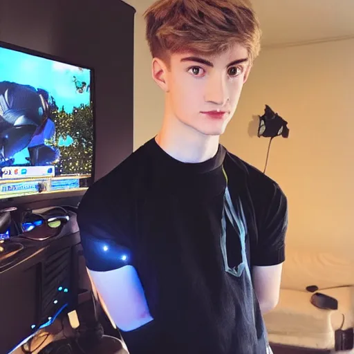 Image similar to “a realistic detailed photo of a guy who is an attractive humanoid who is half robot and half humanoid, who is a male android, twitch streamer Ninja Tyler Blevins, shiny skin, posing like a statue, blank stare, gaming room”