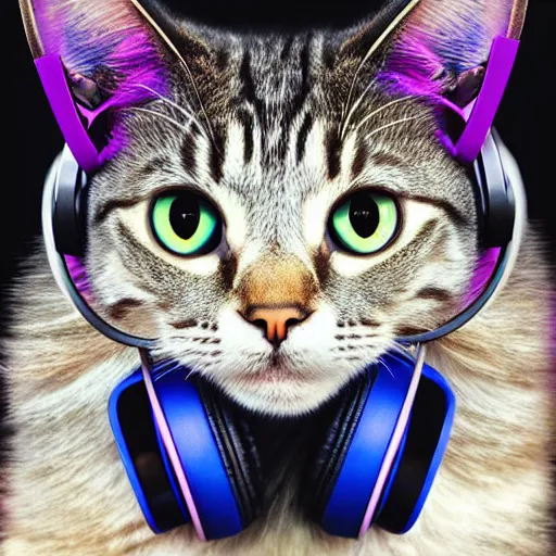 Prompt: artwork of a cat with gaming headphones, by dan mumford, matte painting, hyperrealistic, photorealistic, artstation trending, cmyk