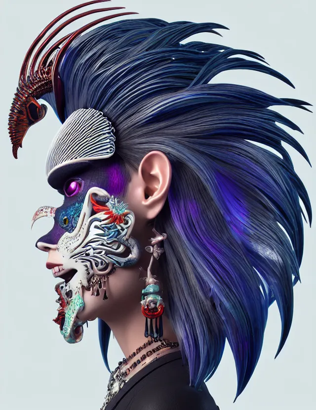 Image similar to 3 d goddess close - up profile portrait punk with mohawk with ram skull. beautiful intricately detailed japanese crow kitsune mask and clasical japanese kimono. betta fish, jellyfish phoenix, bio luminescent, plasma, ice, water, wind, creature, artwork by tooth wu and wlop and beeple and greg rutkowski