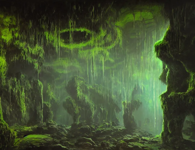 Prompt: futuristic nightclub in a mossy dripstone cave. oil painting by award - winning concept artist. backlighting, chiaroscuro, field of depth.