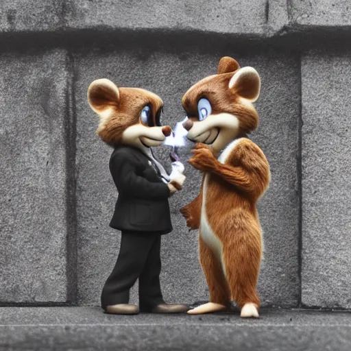 Image similar to realistic macro photo of Chip and Dale smoking, winter, brutalist houses at the background