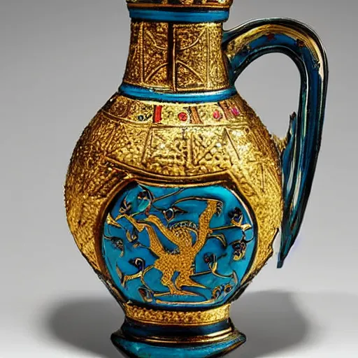 Prompt: A golden jug from times of Charlemagne (early 9th Century CE) decorated with technique of cellular enamel (cloisonné). On one hand, two lions by tree of life, and on other, there are two griffins.