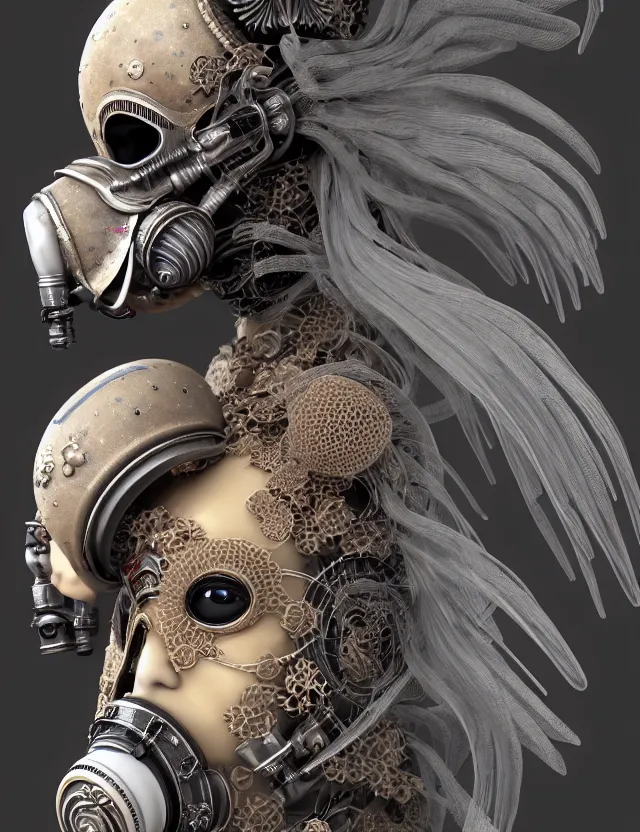 Image similar to 3 d goddess close - up profile portrait with vintage gas mask ram skull. beautiful intricately detailed japanese crow kitsune mask and clasical japanese kimono. betta fish, jellyfish phoenix, bio luminescent, plasma, ice, water, wind, creature, artwork by tooth wu and wlop and beeple and greg rutkowski