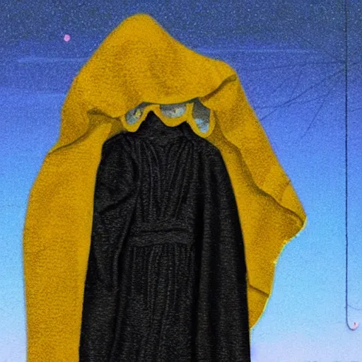 Prompt: An eerie figure wearing frayed yellow hooded robes. Detailed. Black Solar Eclipse in background. Dark Tone