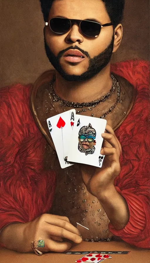 Prompt: the weeknd wearing sunglasses and playing cards at night by giuseppe arcimboldo, brown skin, classical painting, digital painting, romantic, vivid color, red tint