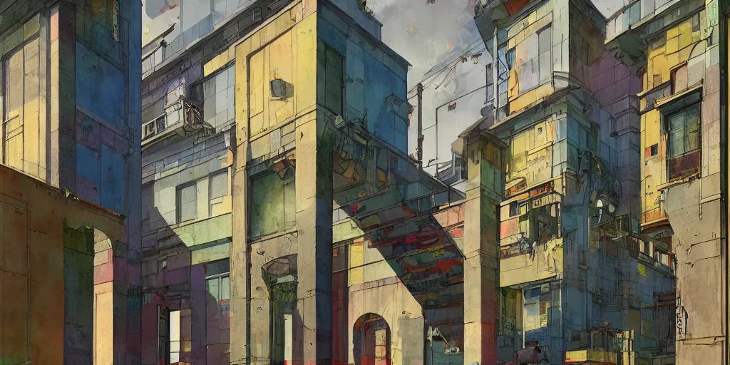 Image similar to neo brutralism, concrete housing, an archway, stairways, concept art, colorful, vivid colors, sunshine, light, shadows, reflections, oilpainting, cinematic, 3D, in the style of Akihiko Yoshida and Edward Hopper