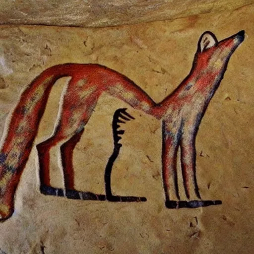 Image similar to neolithic cave painting of a half-fox warrior. strong and powerful anthropomorphic fox. gorgeous eyes. cave scratches in cave wall. art by homo erectus. earthen colors