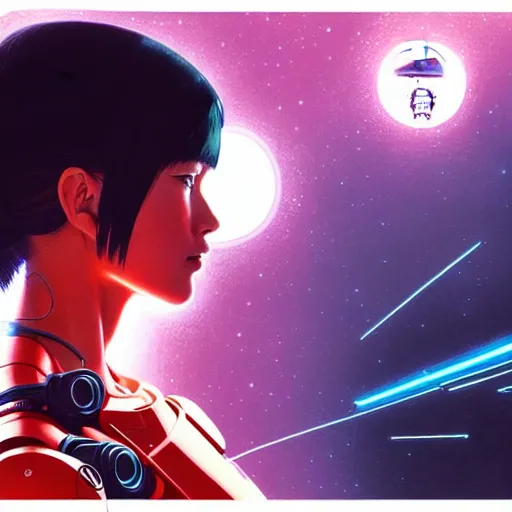 Image similar to side portrait scifi cyborg girl with robotic parts and spacesuit | | head only in center of image, audrey plaza, fine detail!! anime!! realistic shaded lighting!! poster by ilya kuvshinov katsuhiro otomo ghost - in - the - shell, magali villeneuve, artgerm, jeremy lipkin and michael garmash and rob rey