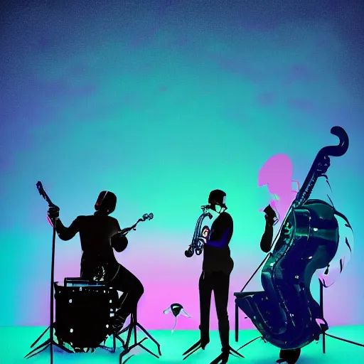 Image similar to a guitarist, sax player, drummer, and a keyboard player on stage with professional lighting. jazz. party. fun. abstract. oil paint. volumetric lighting. digital image. highly saturated. whimsical. digital art, octane, ue 5, 8 k, 4 k, hq, concept art