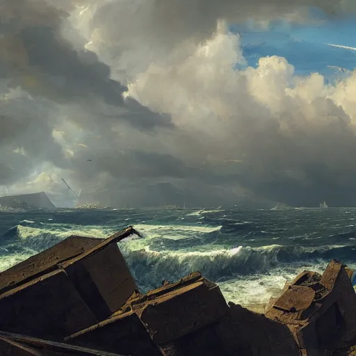 Image similar to Panorama view of a hurricane carrying ruined pieces from an ancient castle in its winds, flying island, oil painting, by Greg Rutkowski