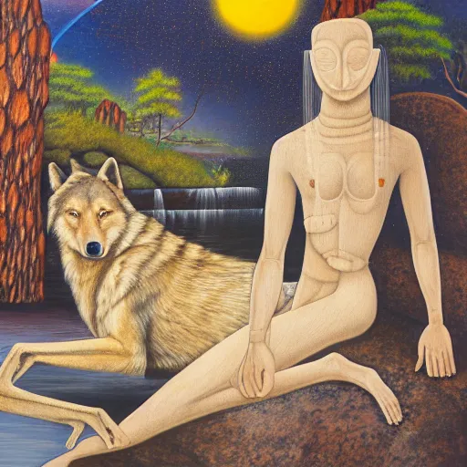 Prompt: an anthromorphic wolf meditating near an african zen waterfall by amanda sage, oil on canvas, 8k