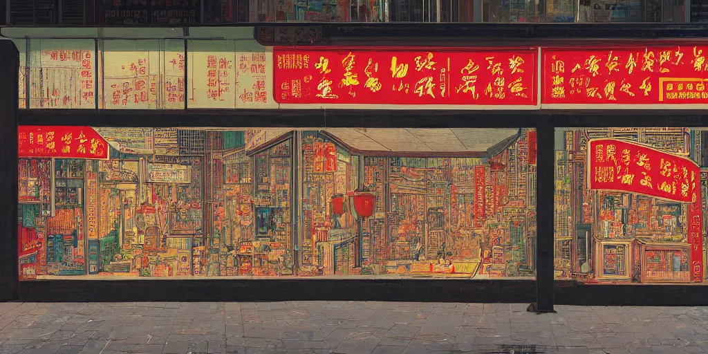 Image similar to a shop window in hong kong, by dan mumford and peter doig and edward hopper, minimal, black in, thick lines highly detailed, muted colours, overlaid with chinese adverts, 8 k