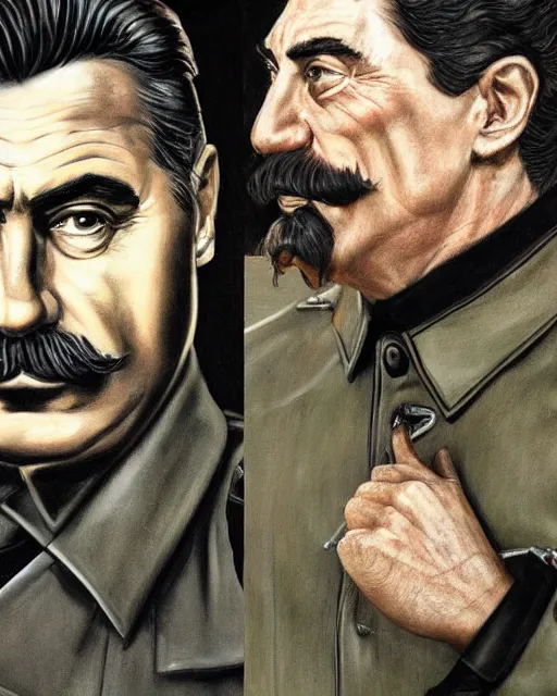 Image similar to portrait of joseph stalin in black leather jacket, gritty, very detailed, hyperrealistic, medium shot, very detailed painting by Glenn Fabry, by Joao Ruas