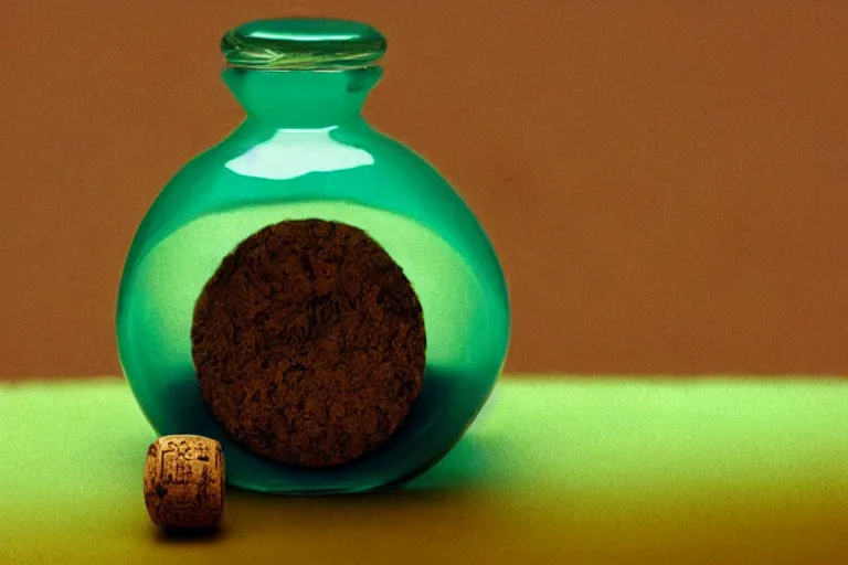 Image similar to small potion with a cork top filled with a green and turquoise gradient liquid, on a desk, old film photo