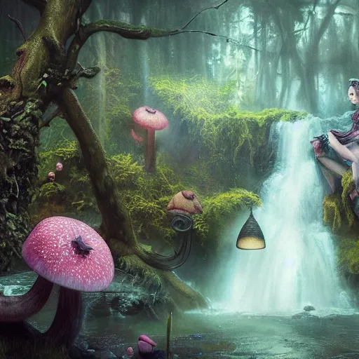 Prompt: tom bagshaw, fairies, soft painting render curiosities carnival pond river vegetation rocks bugs wildlife mushrooms covered moss bioluminescent wisps, beautiful stunning waterfall, accurate features, focus, very intricate ultrafine details, random volumetric lighting, fog, award winning masterpiece, octane render 8 k hd, artstation