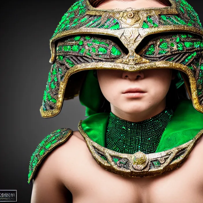 Prompt: photograph of a real-life beautiful! female warrior with emerald encrusted armour. Extremely detailed. 8k