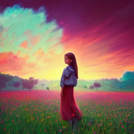 Prompt: girl with a flower face, surreal photography, bizzare, dreamlike, standing in flower field, in a valley, sunrise dramatic light, impressionistic painting, colorful clouds, artstation, simon stalenhag