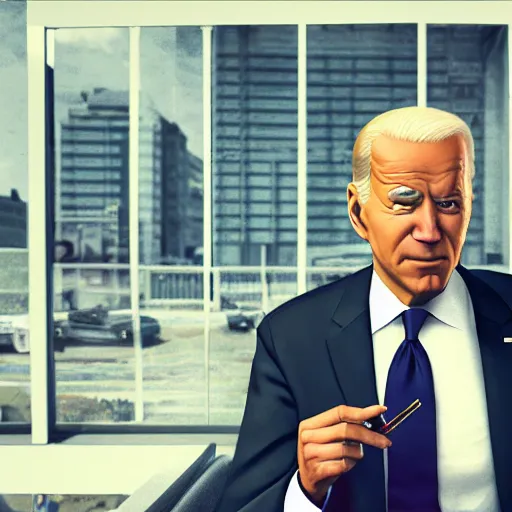 Image similar to joe biden smoking a joint, gta artstyle, wide shot, dramatic lighting, octane render, hyperrealistic, high quality, highly detailed, HD, beautiful, cinematic, 8k, unreal engine, facial accuracy, anatomical accuracy, symmetrical