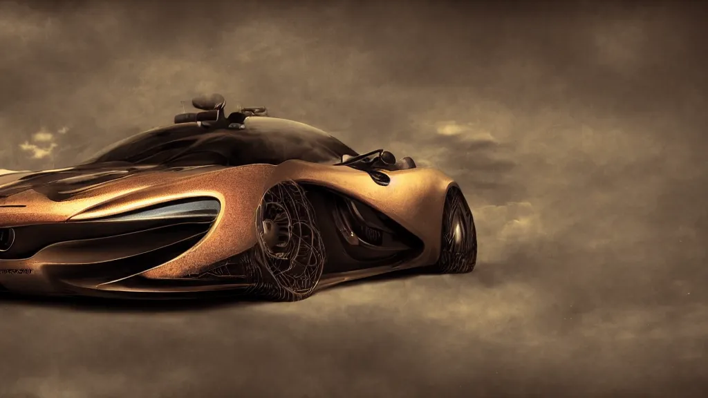 Image similar to soft bokeh front shot photo of a mclaren steampunk concept car, cinematic, fine details, symmetrical, 4 k, digital art, wallpaper