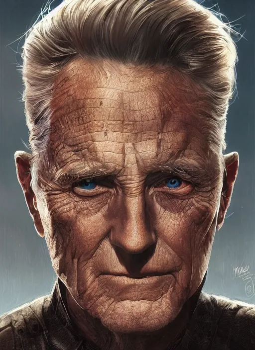 Prompt: frontal Portrait of Kirk Douglas film star, marvel comics, dark, intricate, highly detailed, smooth, artstation, digital illustration by Ruan Jia and Mandy Jurgens and Artgerm and Wayne Barlowe and Greg Rutkowski and Frank Frazetta