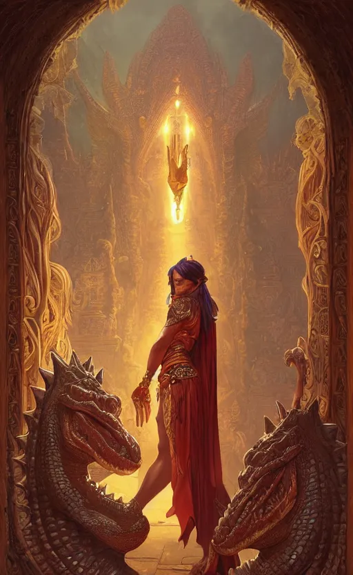 Image similar to crocodile godess in temple entrance, reptilian skin, d & d, fantasy, intricate, elegant, highly detailed, digital painting, artstation, concept art, matte, sharp focus, illustration, art by artgerm and greg rutkowski and alphonse mucha