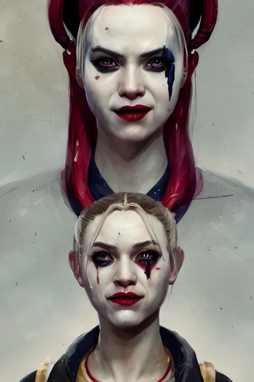 Image similar to a portrait of a sci-fi Harley Quinn by Greg Rutkowski, Sung Choi, Mitchell Mohrhauser, Maciej Kuciara, Johnson Ting, Maxim Verehin, Peter Konig, final fantasy , mythical, 8k photorealistic, cinematic lighting, HD, high details, atmospheric,