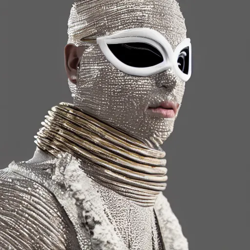 Prompt: portrait of masked dune dynasty with gucci clothes, white background, 8 k, symmetrical, 3 d render, octane render, insane details