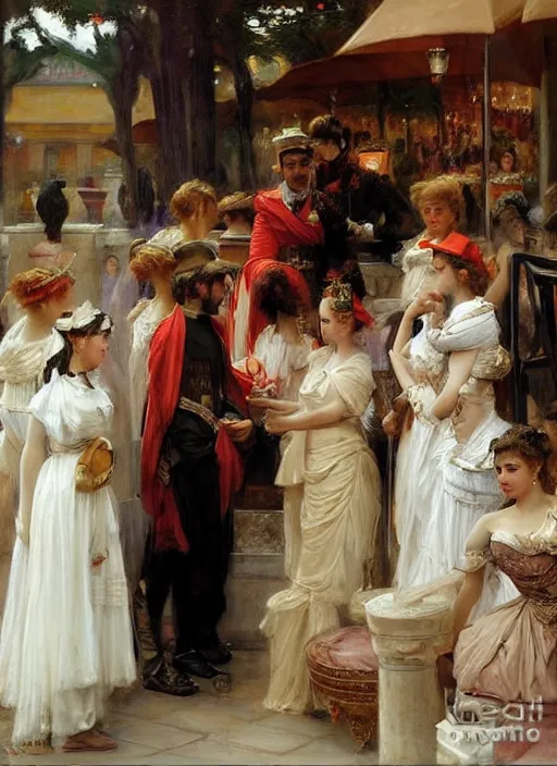 Image similar to a roman emperor waiting in line at starbucks by vladimir volegov and alexander averin and pierre auguste cot and delphin enjolras