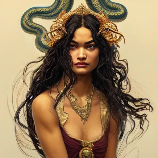 Image similar to Shanina Shaik as Medusa, frowning, scowl, snakes for hair, intricate, elegant, highly detailed, digital painting, artstation, concept art, smooth, sharp focus, illustration, art by artgerm and greg rutkowski and alphonse mucha