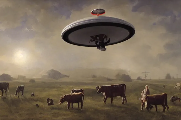 Image similar to an ufo abduct a cow, sci fi art