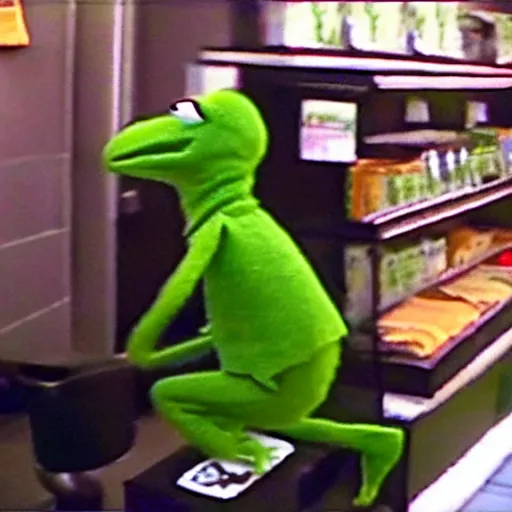 Image similar to CCTV footage of kermit robbing a store