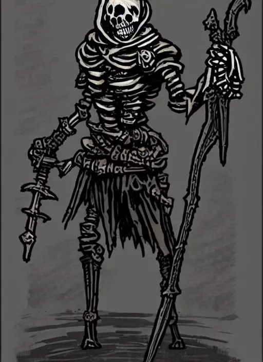 Image similar to concept art of a simple skeleton warrior in darkest dungeon, highly detailed, dark atmosphere, cosmic horror, body horror, lovecraft mythos, key character poster